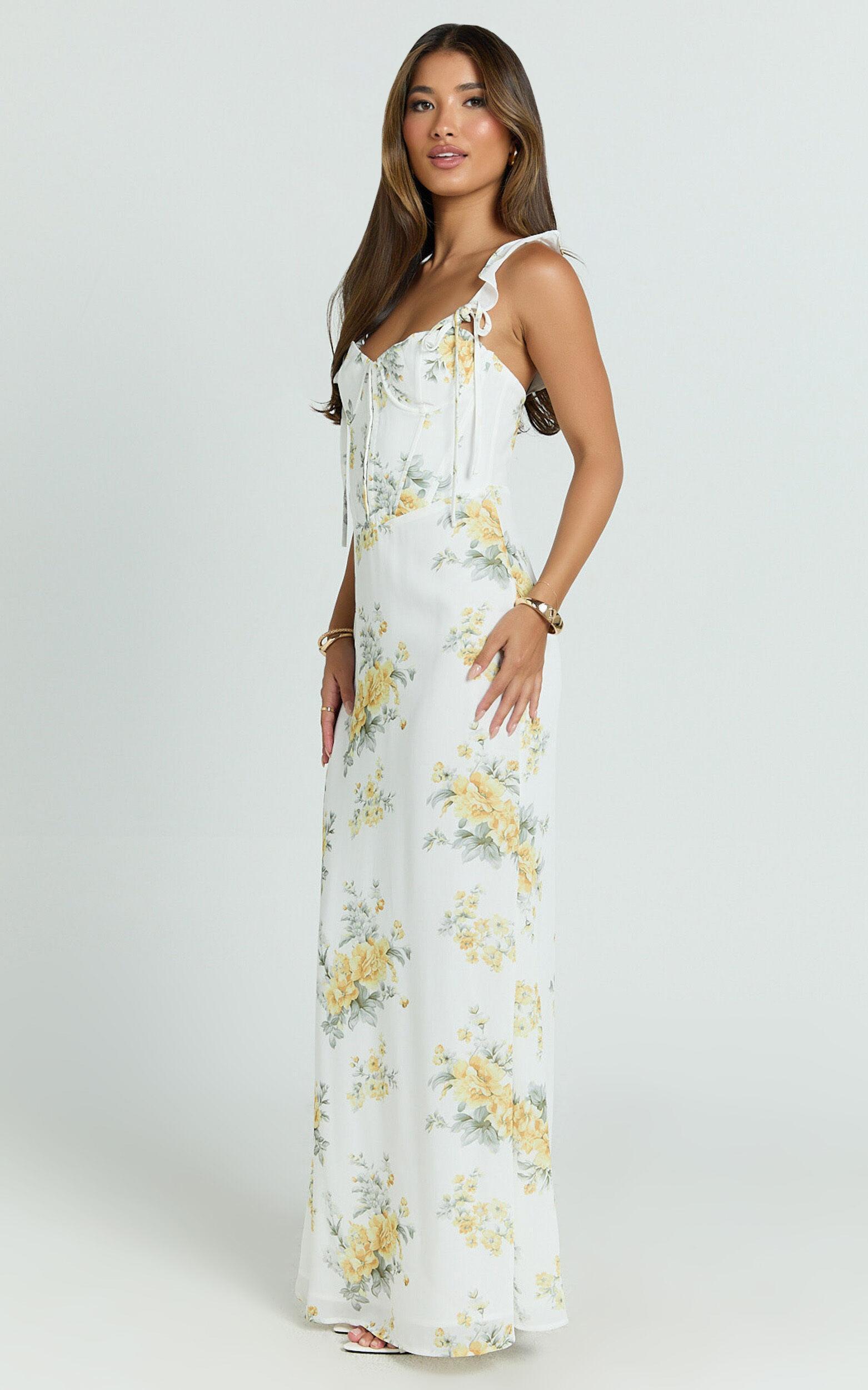 Mabel Maxi Dress - Georgette Frill Sleeve Sweetheart Bias Cut Dress in Antique Florals Product Image