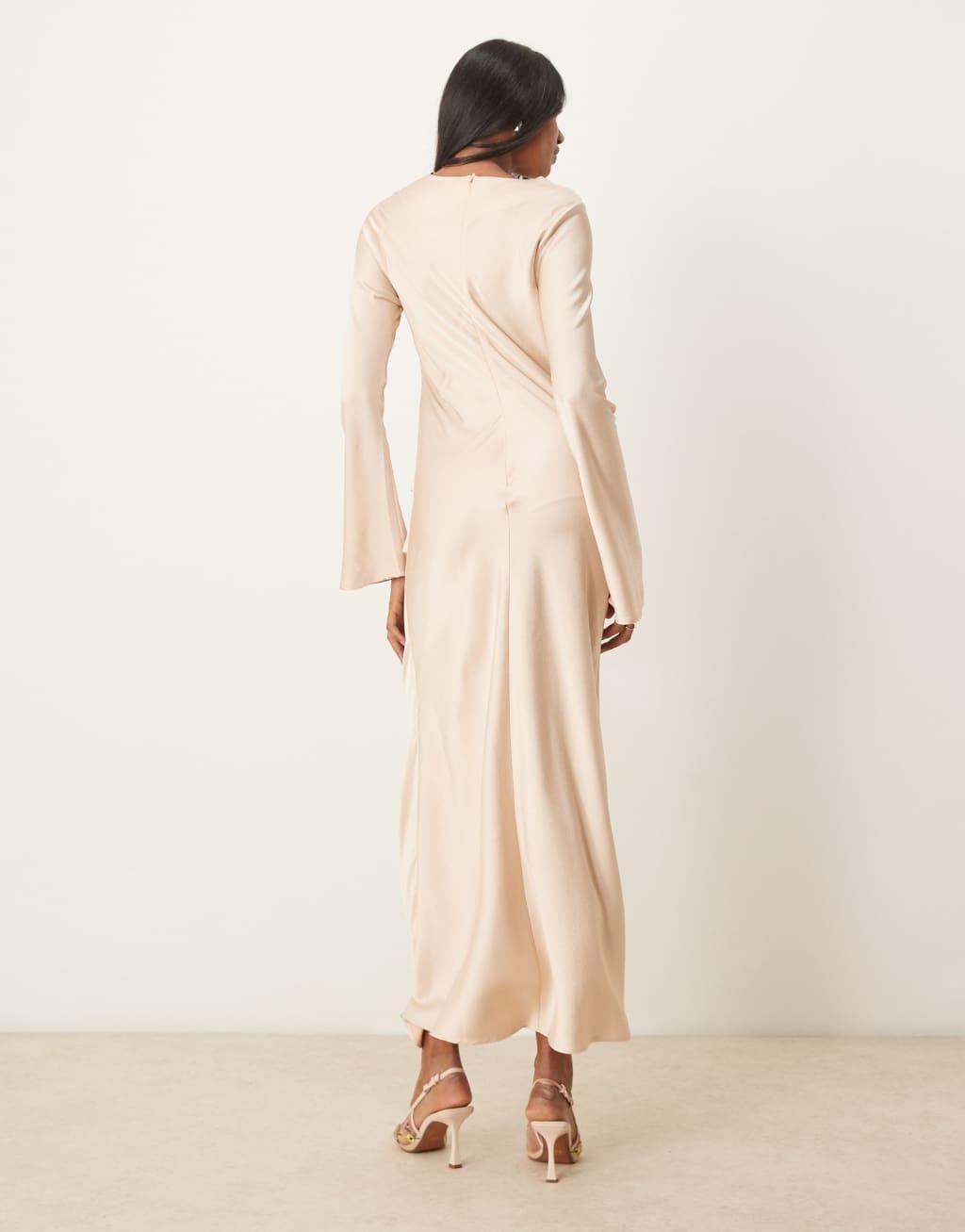 ASOS DESIGN long sleeve satin maxi dress with ruched tab detail in oyster Product Image