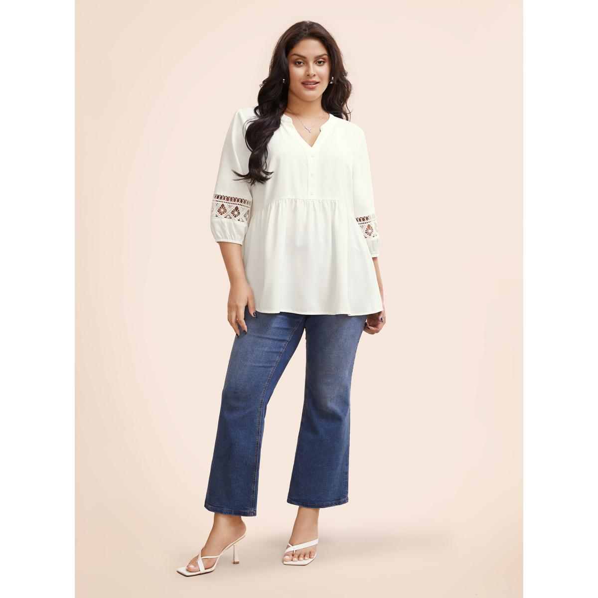 Plus Size WhiteSmoke Notched Patchwork Cut Out Lantern Sleeve Blouse Women At the Office Elbow-length sleeve Flat collar with V-notch Office Blouses BloomChic 30/6X Product Image