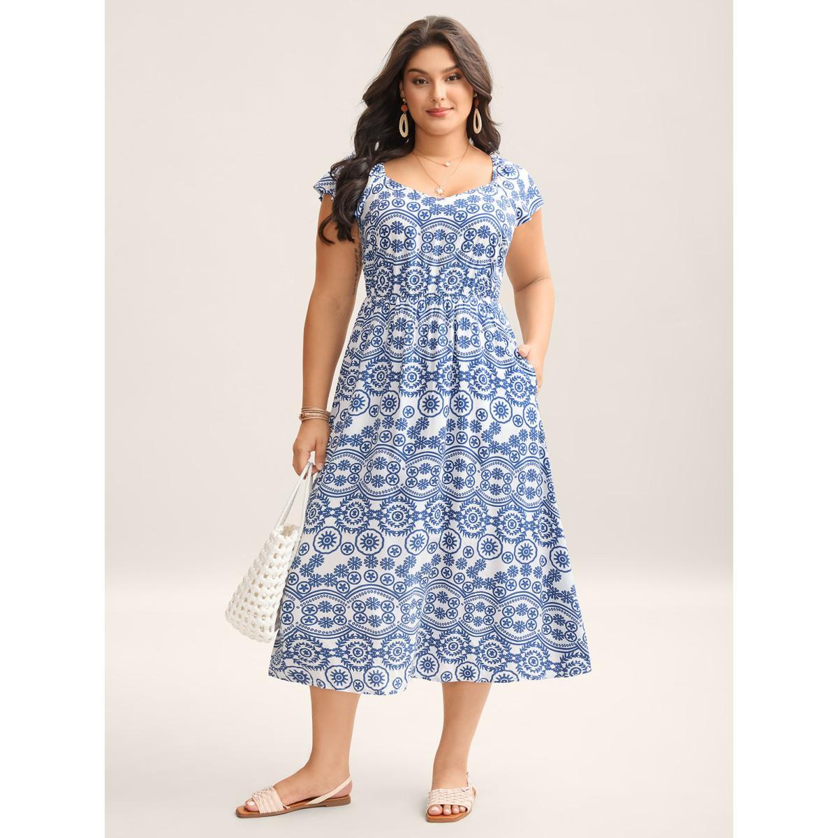 Plus Size Geometric Print Pockets Flowy Midi Dress DarkBlue Women Boho Heart neckline Cap Sleeve Curvy BloomChic 12/L Product Image