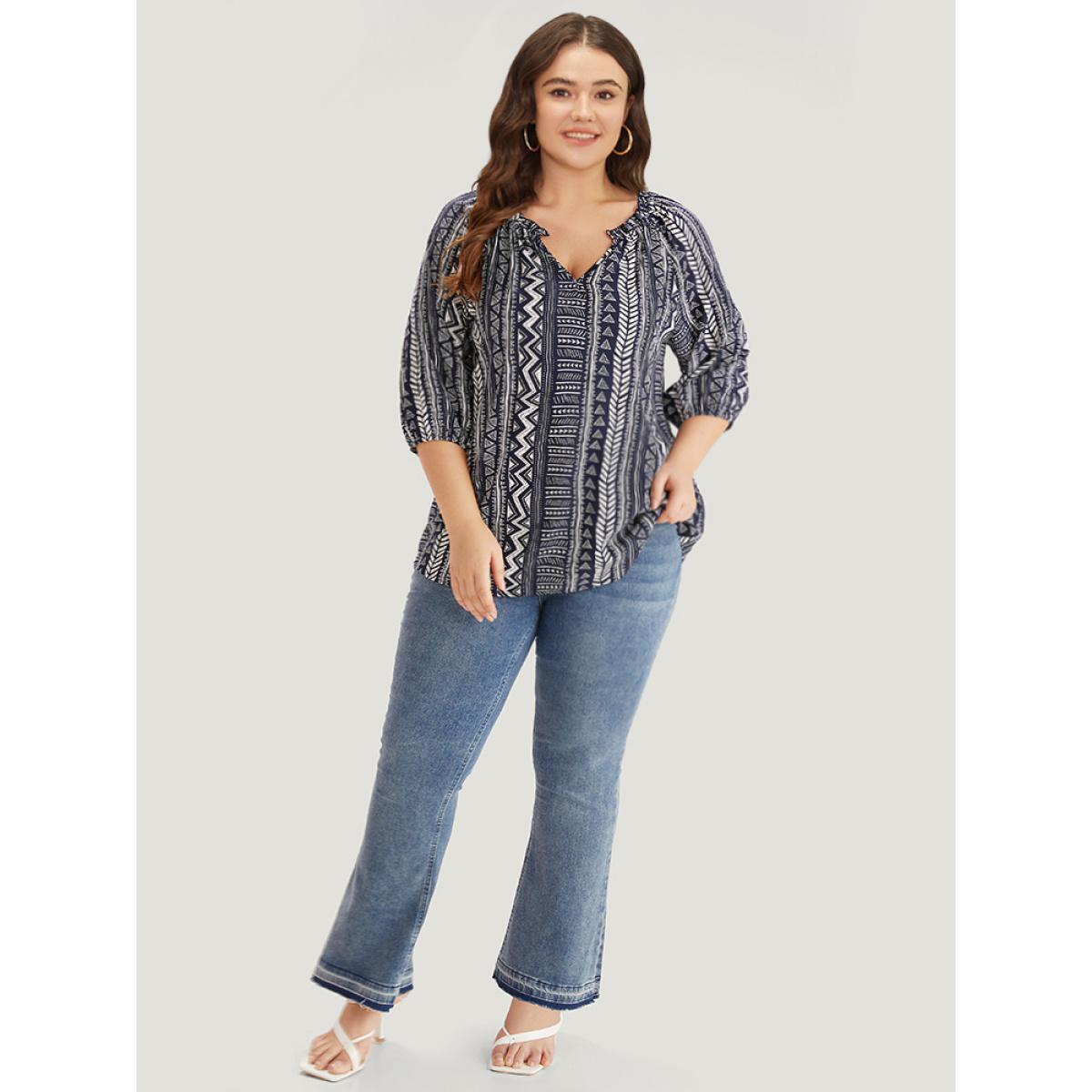 Plus Size Indigo Boho Print Frill Trim Raglan Sleeve Elastic Cuffs Blouse Women Resort Half Sleeve V-neck Vacation Blouses BloomChic 10/M Product Image