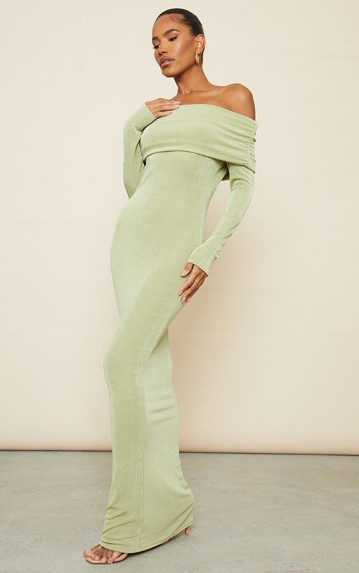 Sage Green Acetate Slinky Bardot Long Sleeve Maxi Dress Product Image