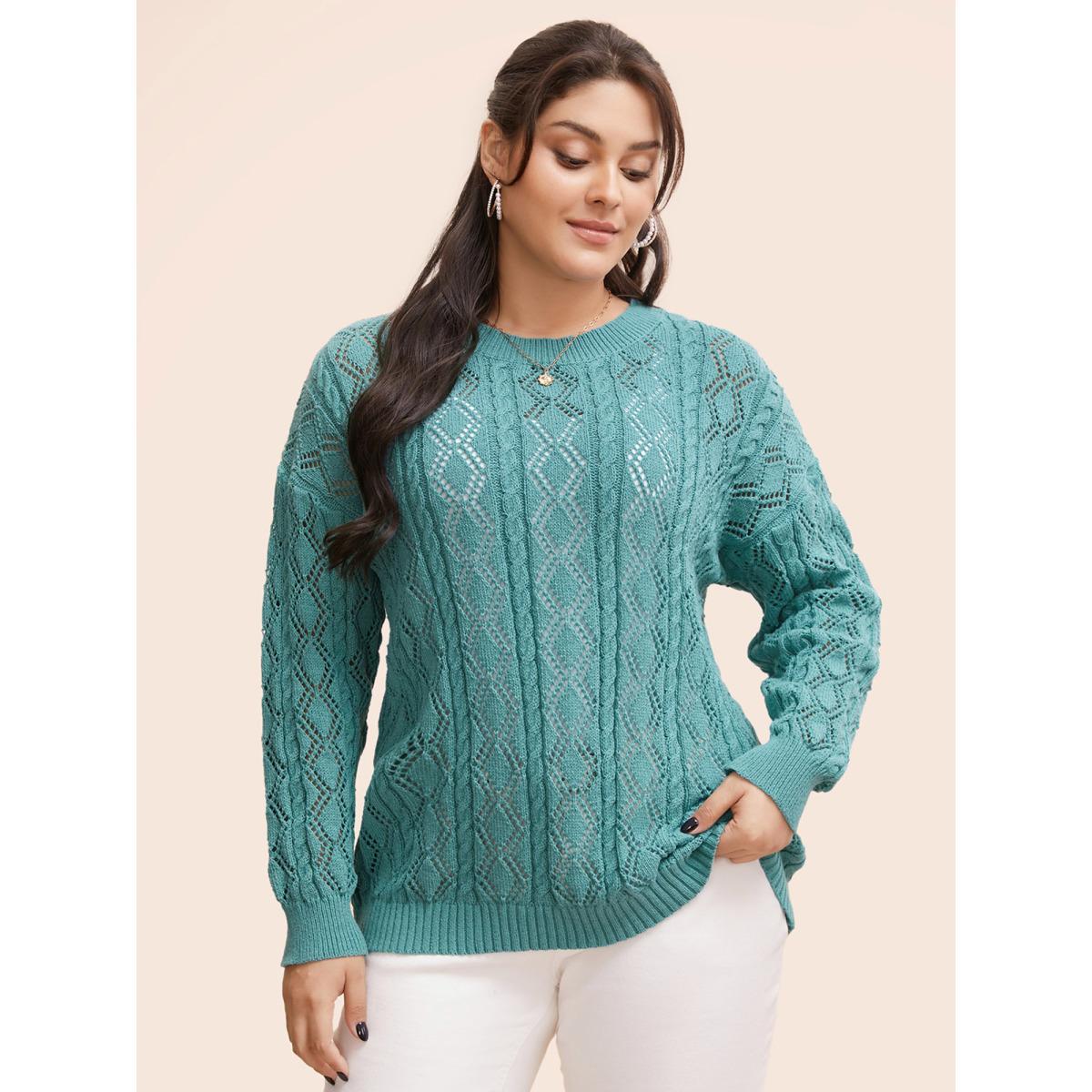 Plus Size Texture Cut Out Drop Shoulder Pullover Teal Women Casual Loose Three Quater Length Sleeve Round Neck Everyday Pullovers BloomChic 22-24/3X Product Image