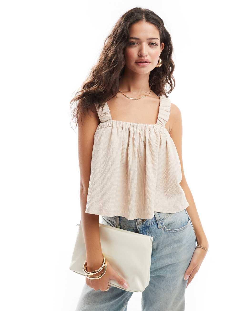 ASOS DESIGN strappy tie back smock top in stone Product Image