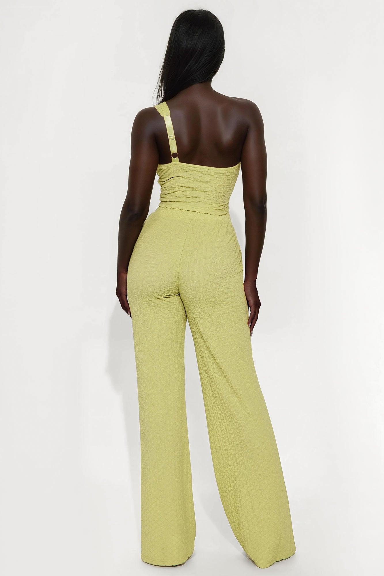 Aza One Shoulder Textured Flare Pant Set - Chartreuse Female Product Image