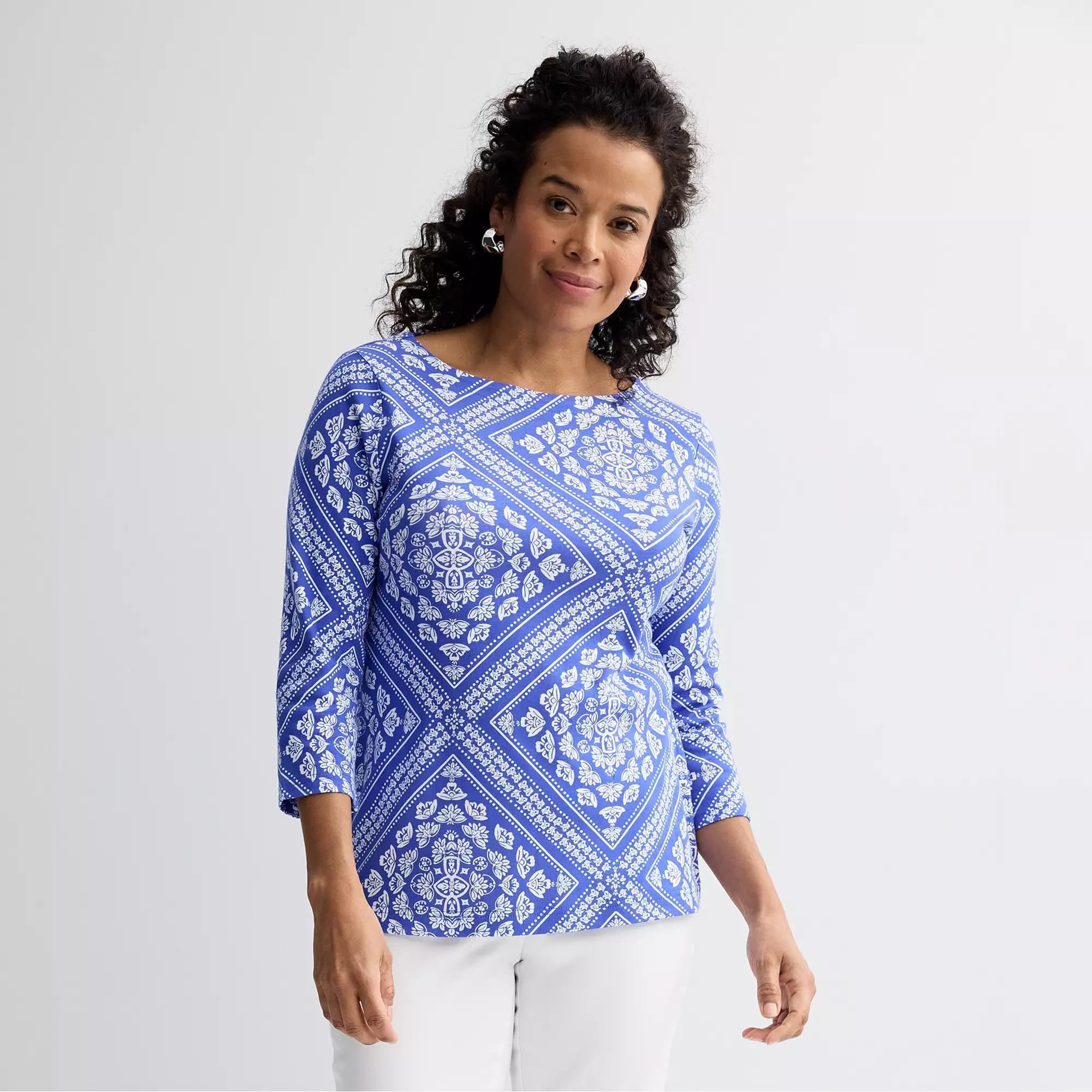 Petite Croft & Barrow® Boatneck Top, Women's, Size: Large Petite, Blue Scarf Tile Product Image