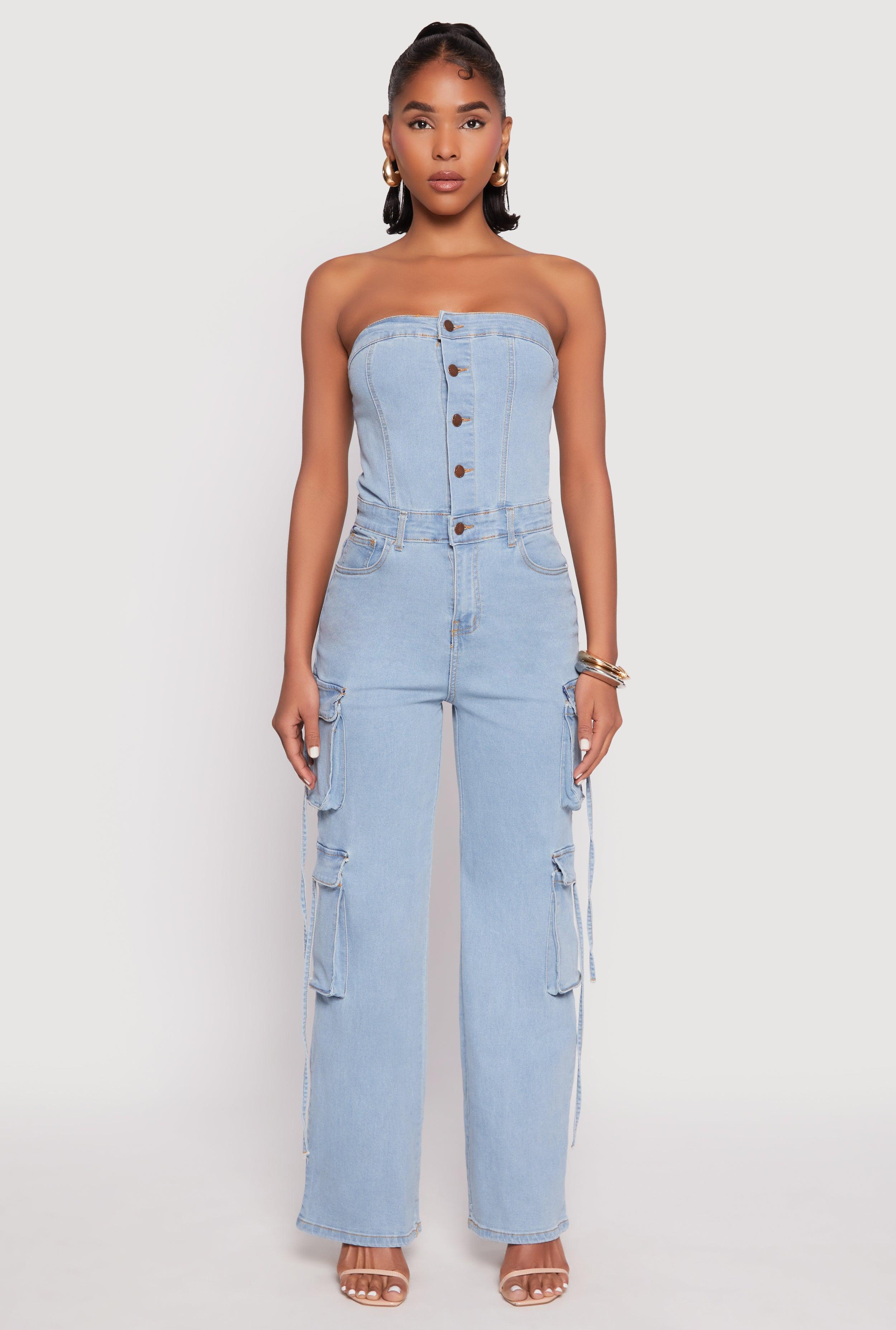 Womens Daisy Denim Button Front Cargo Jumpsuit Product Image