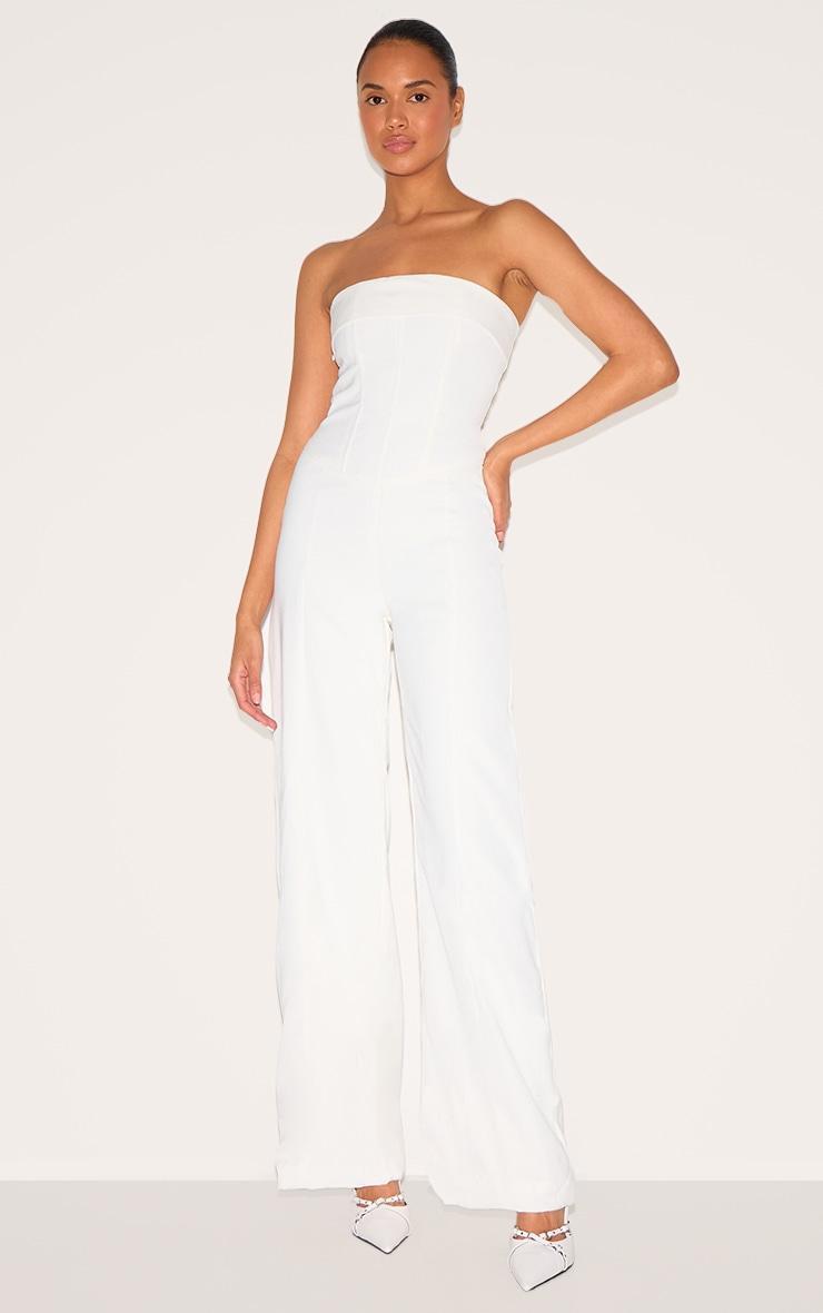 Premium White Woven Bandeau Wide Leg Jumpsuit Product Image