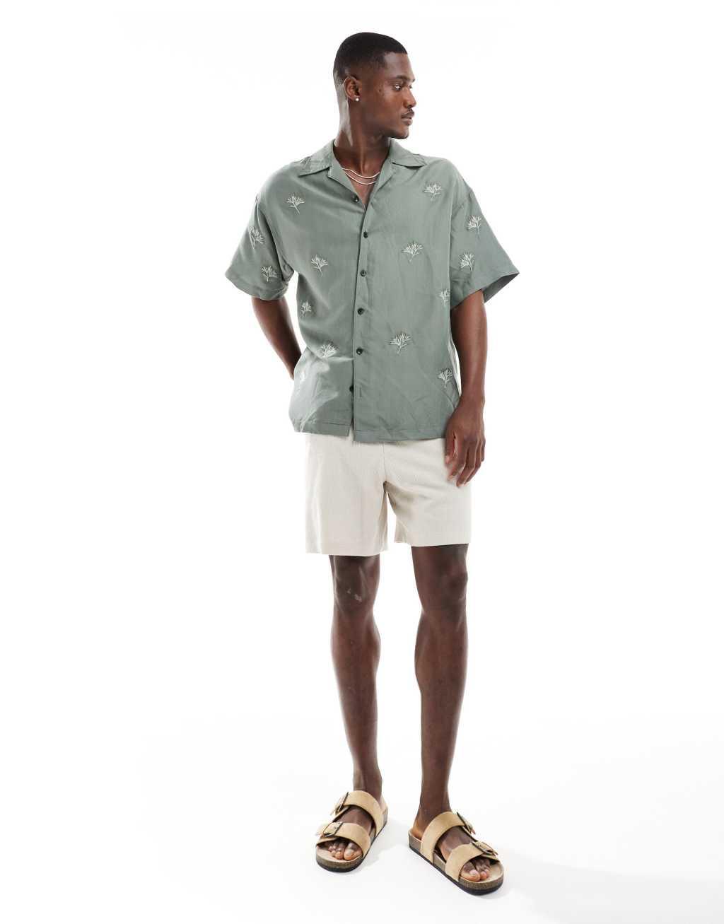 Jack & Jones boxy fit camp collar shirt with flower embroidery in khaki  Product Image