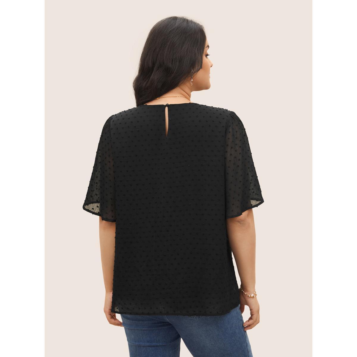 Plus Size Black Solid Texture Lace Trim See Through Gathered Blouse Women Elegant Short sleeve Round Neck Everyday Blouses BloomChic 12/L Product Image