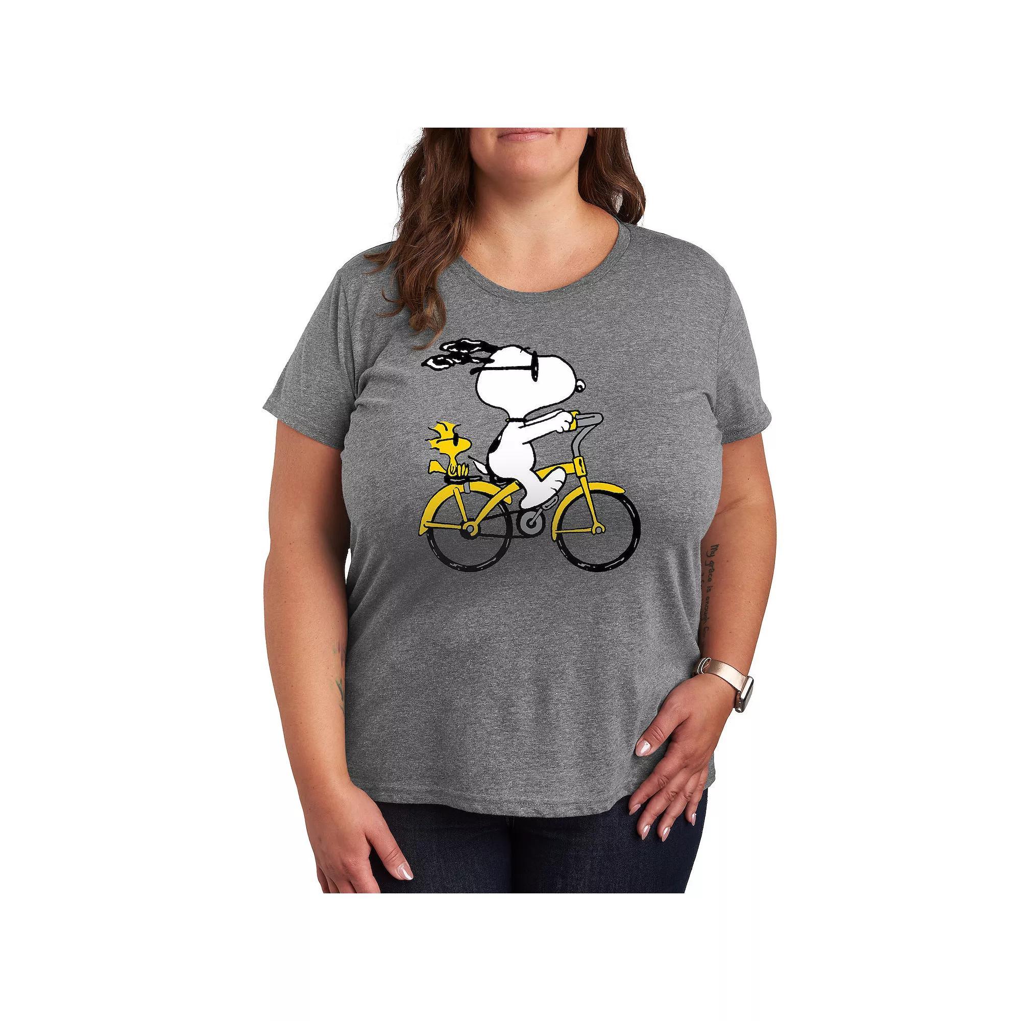 Plus Peanuts Snoopy & Woodstock Riding Bike Graphic Tee, Women's, Size: 3XL, Grey Gray Product Image