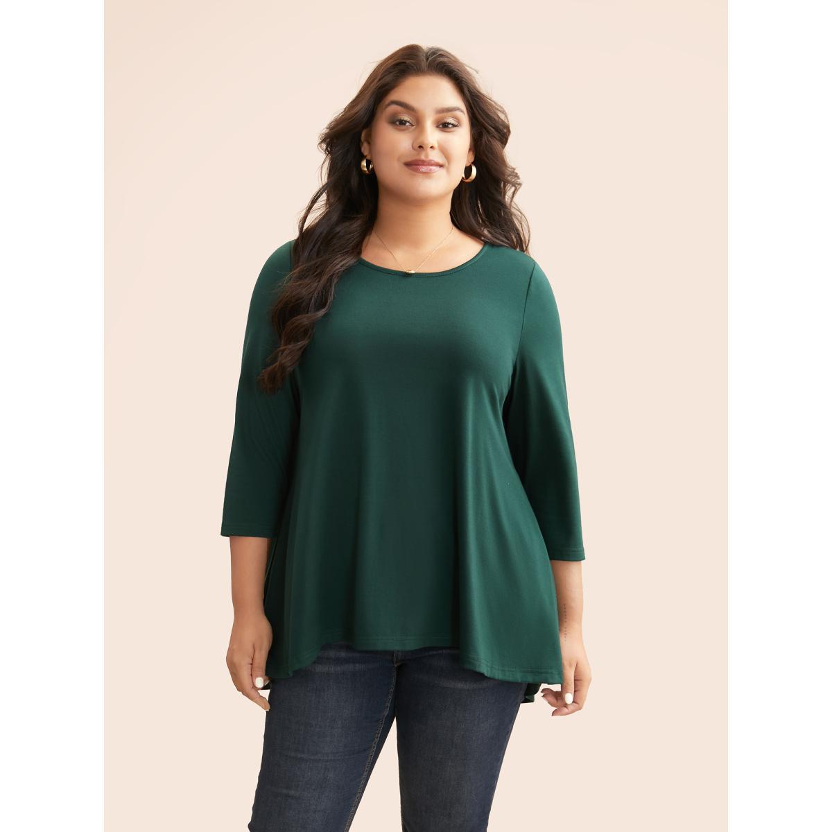 Plus Size Solid Crew Neck Medium Stretch T-shirt DarkGreen Women Casual Non Round Neck Everyday T-shirts BloomChic 30/6X Product Image