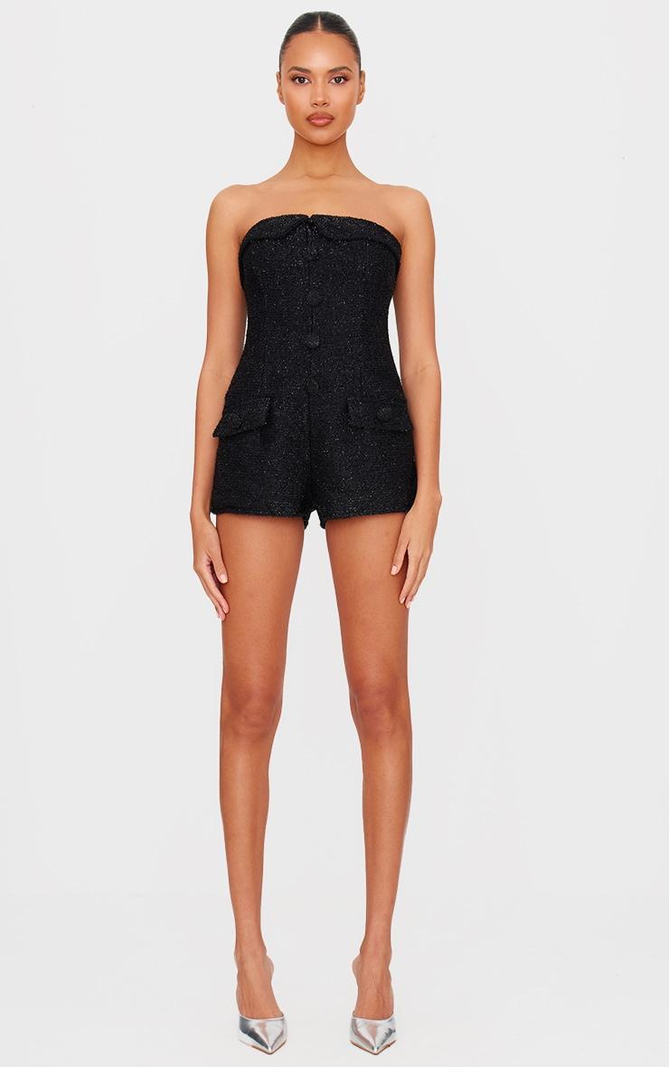 Black Tweed Bandeau Button Detail Romper Product Image