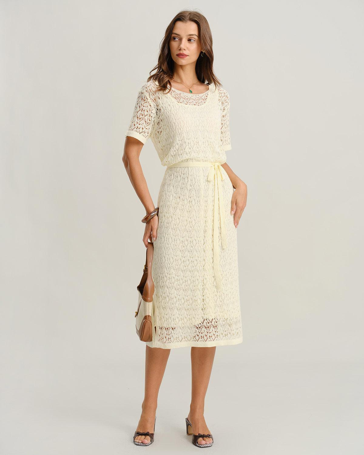 Yellow See Through Round Neck Midi Dress Product Image