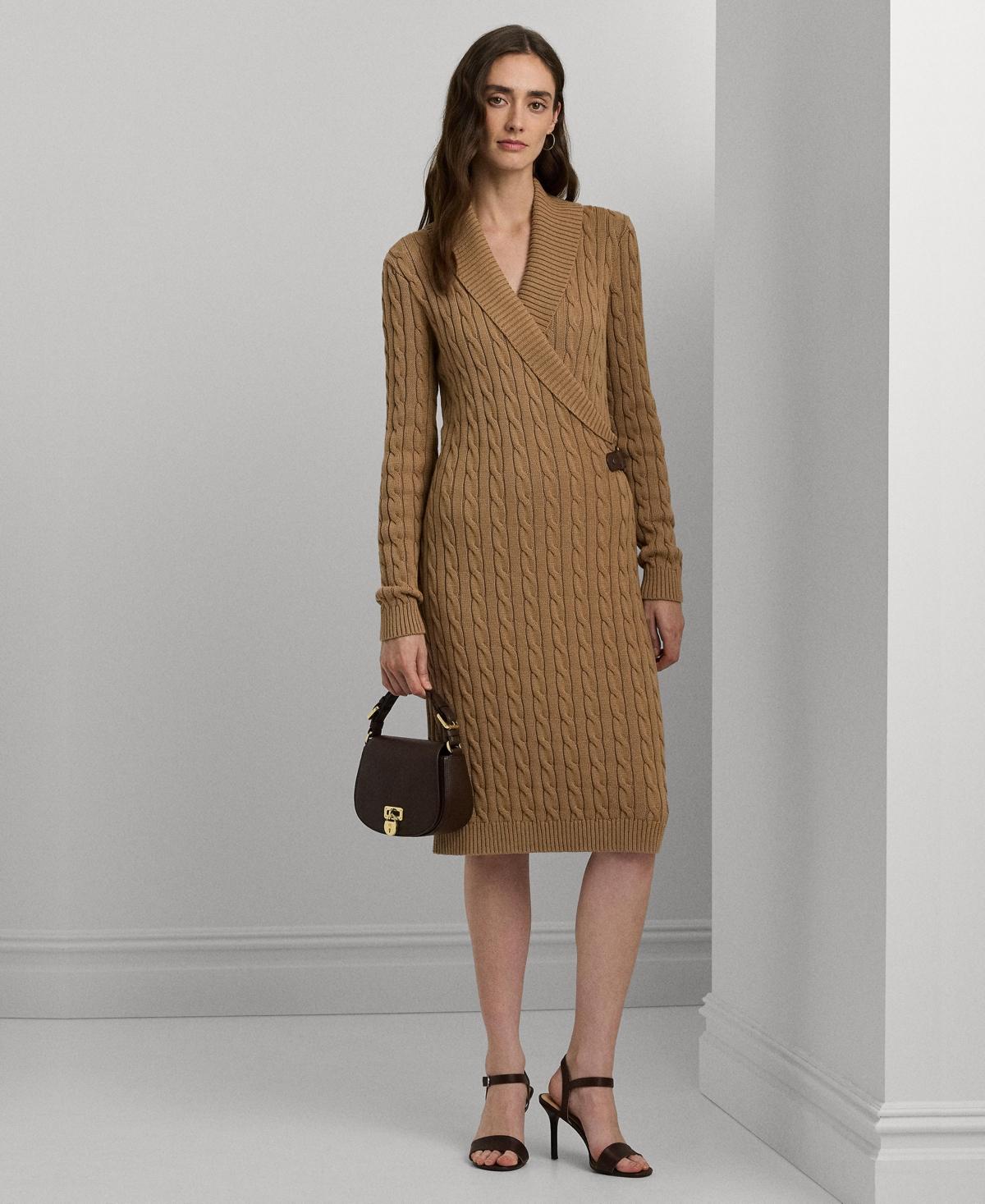 Lauren Ralph Lauren Cable-Knit Buckle-Trim Sweater Dress (Classic Camel) Women's Dress Product Image