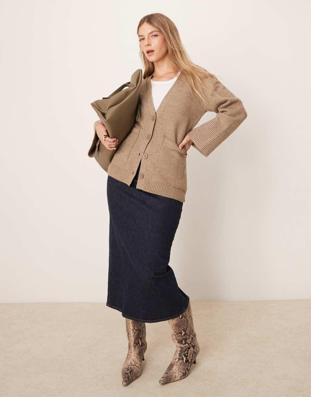 Pretty Lavish chunky cuff knit cardigan in taupe Product Image