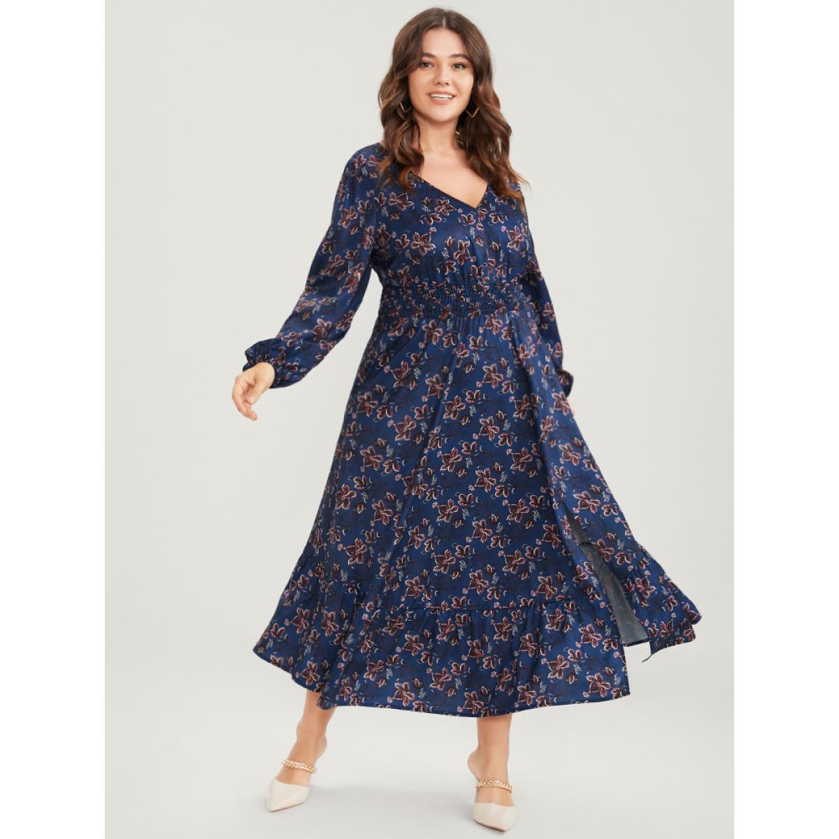 Plus Size Floral V Neck Pocket Lantern Sleeve Shirred Split Dress DarkBlue Women Elegant Pocket V-neck Long Sleeve Curvy Midi Dress BloomChic 30/6X Product Image