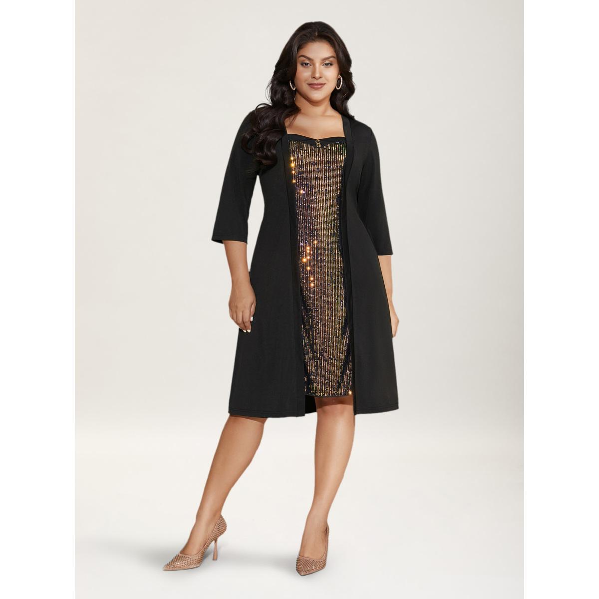 Plus Size Heart Neckline Patchwork Sequin Button Detail Dress Black Women Party&Cocktail Texture Party Curvy Bloomchic 18-20/2X Product Image