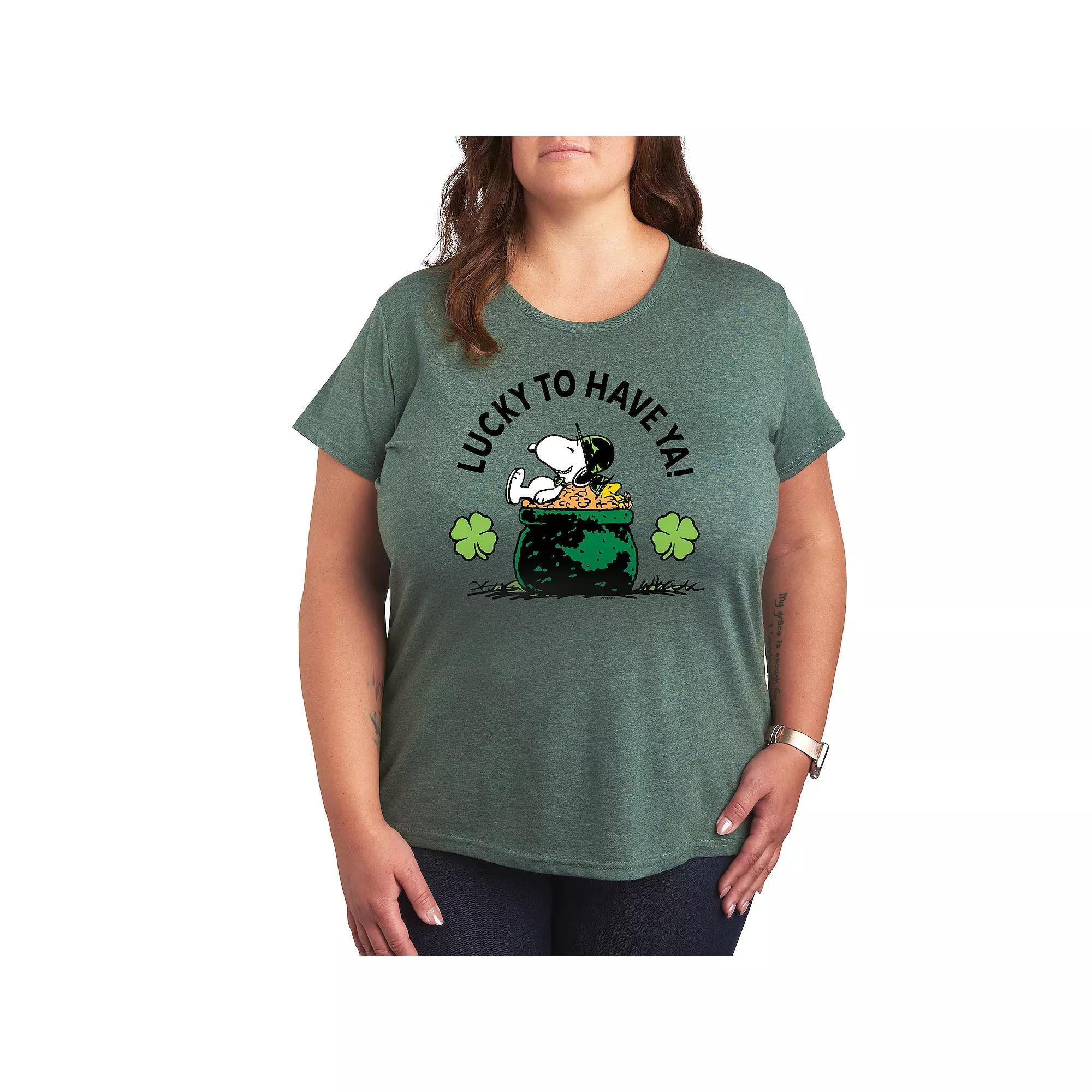 Plus Peanuts Snoopy & Woodstock Lucky To Have Ya Graphic Tee, Women's, Size: 2XL, Grey Green Product Image