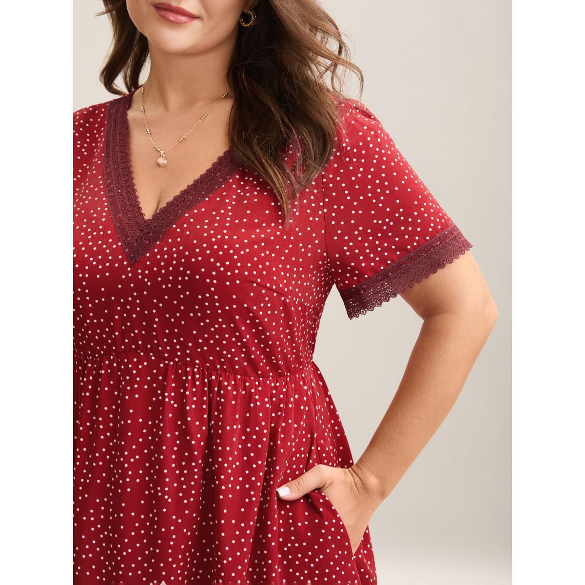 Plus Size Polka Dots Lace Waist-Cinched Midi Dress Scarlet Women V-neck Short sleeve Curvy BloomChic 12/L Product Image