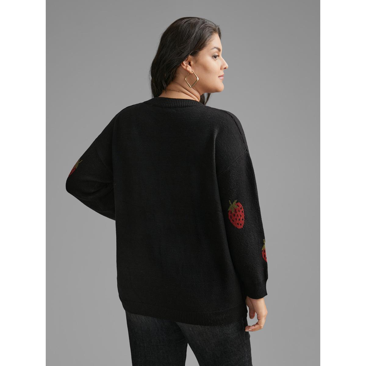 Plus Size Strawberry Jacquard Drop Shoulder Sleeve Pullover Black Women Casual Loose Long Sleeve Round Neck Everyday Pullovers BloomChic 22-24/3X Product Image