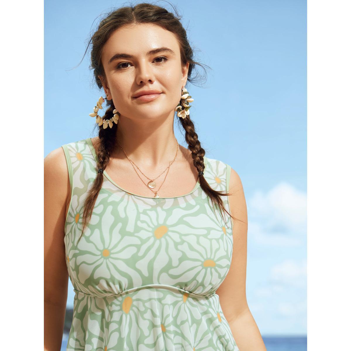 Plus Size Sun Print U Neck See Through Gathered Swim Dress Women's Swimwear Palemauve Beach Bodycon U-neck High stretch Curve Swim Dresses BloomChic 18-20/2X Product Image