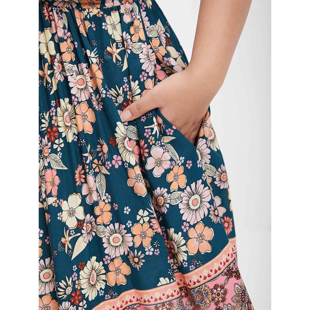 Plus Size Floral V Neck Elastic Waist Pocket Ruffles Knee Dress Indigo Women Vacation Printed V-neck Short sleeve Curvy Knee Dress BloomChic 14-16/1X Product Image