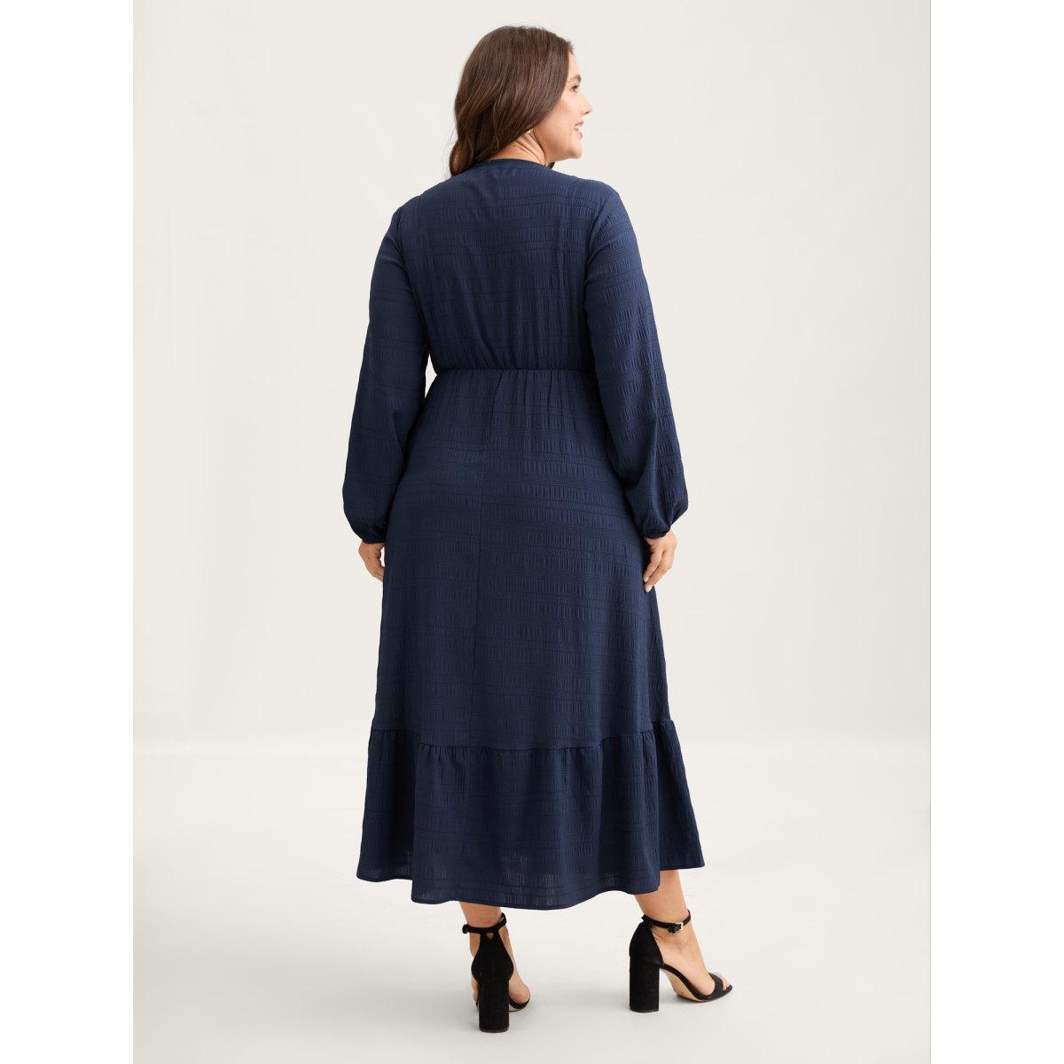 Plus Size Solid Shirred Plisse Flutter Hem Dress DarkBlue Women Leisure Elastic cuffs V-neck Long Sleeve Curvy Midi Dress BloomChic 18-20/2X Product Image
