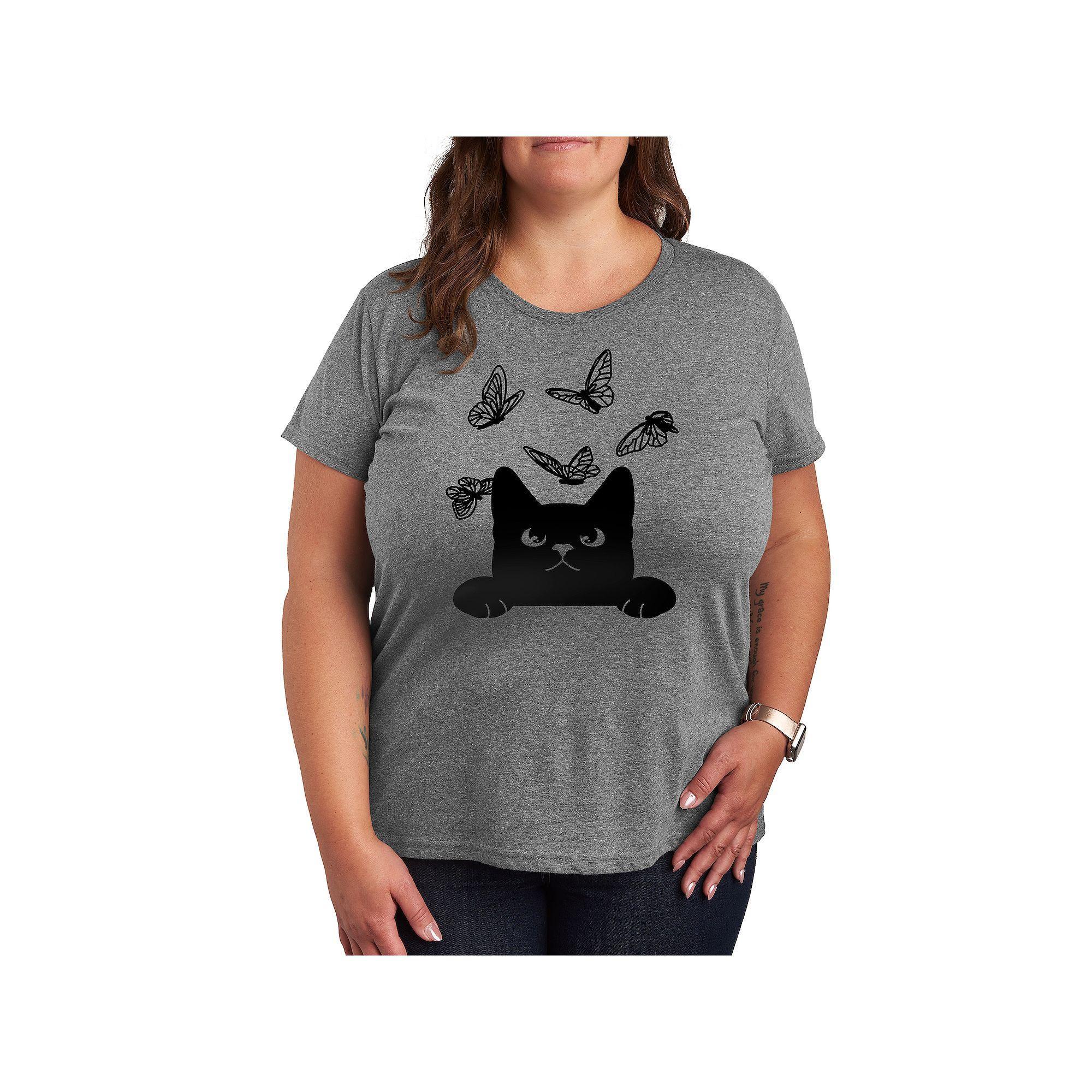 Plus Peeking Cat And Butterflies Graphic Tee, Women's, Size: 3XL, Grey Gray Product Image