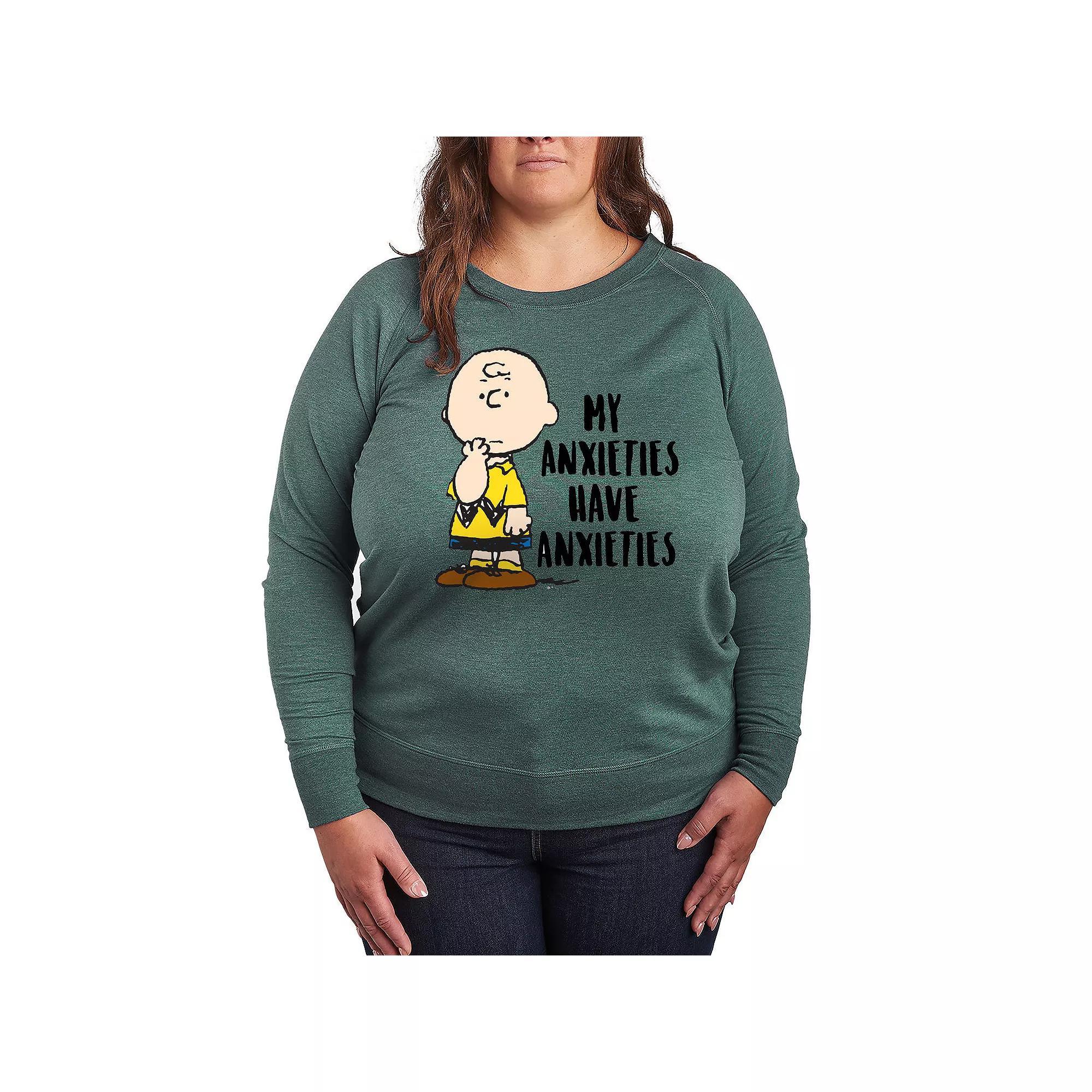 Plus Size Peanuts Charlie Brown Anxieties French Terry Long Sleeve Tee, Women's, Size: 3XL, Grey Green Product Image