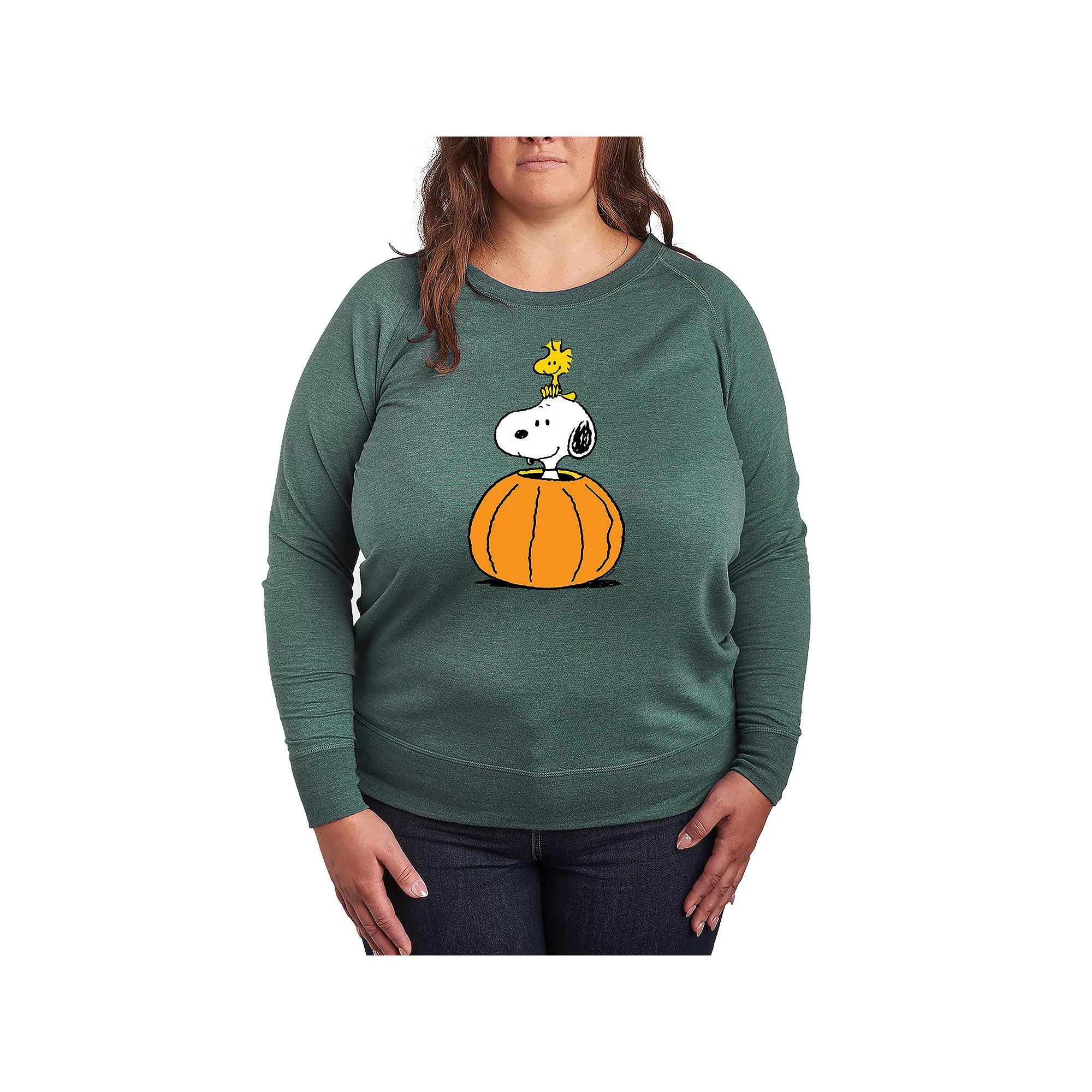 Plus Size Peanuts Snoopy & Woodstock Pumpkin French Terry Long Sleeve Tee, Womens Product Image