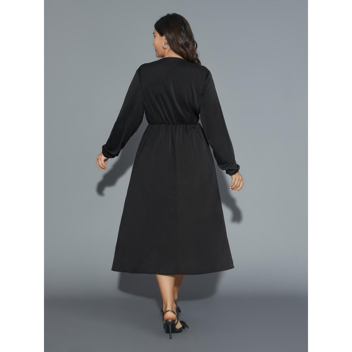 Plus Size Plain Overlap Collar Ruffle Trim Dress Black Women Elegant Overlapping Overlap Collar Long Sleeve Curvy BloomChic 18-20/2X Product Image
