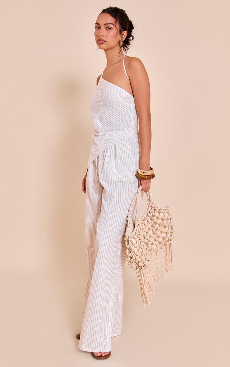 White Woven Pinstripe Asymmetric Jumpsuit Product Image