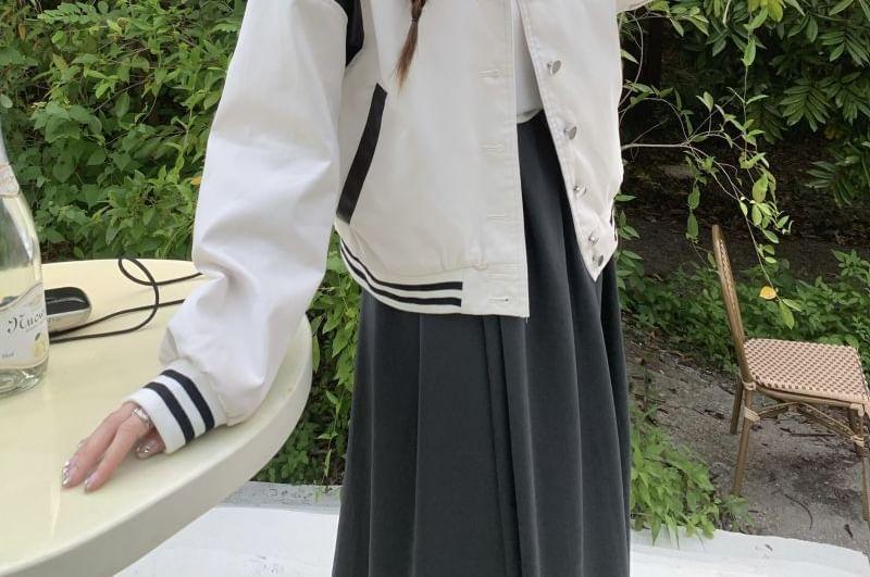 Collared Striped Panel Faux Leather Button Jacket Product Image