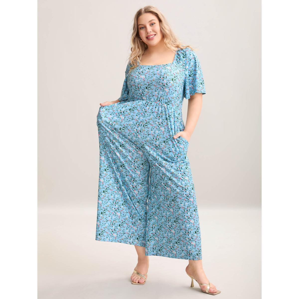 Plus Size Stone Floral Print Square Neck Knit Jumpsuit Women Elegant Short sleeve Square Neck Everyday-Elegant Loose Jumpsuits BloomChic 22-24/3X Product Image