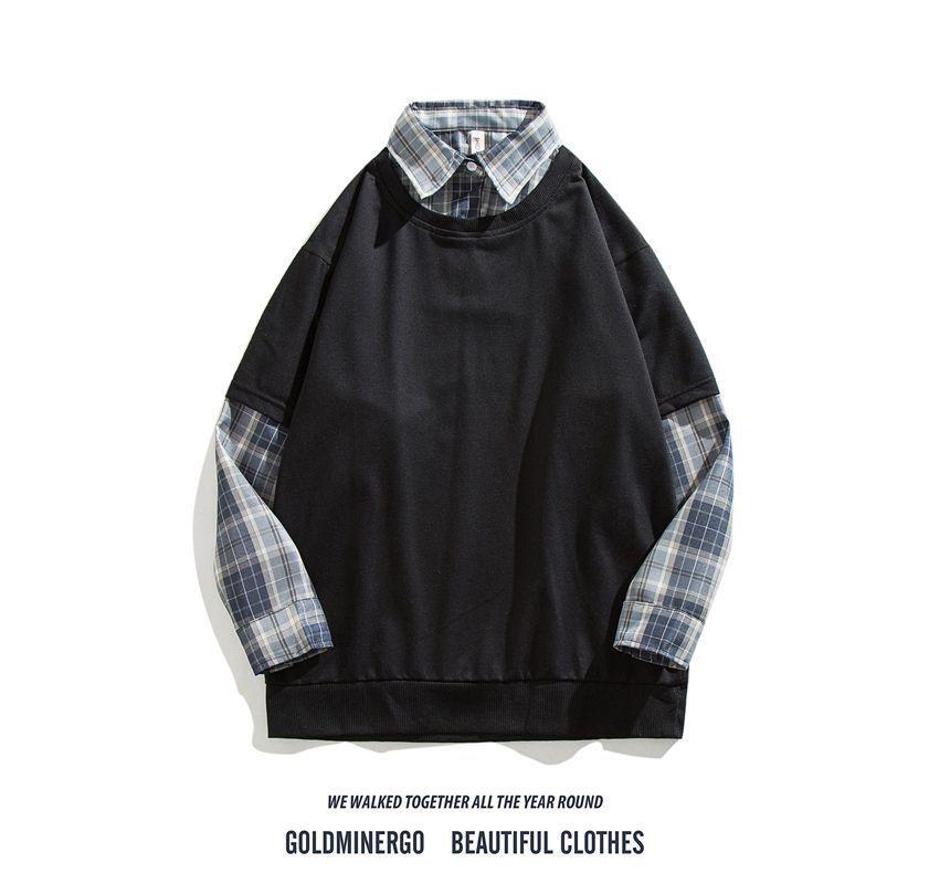 Mock Two-Piece Plaid Panel Sweatshirt Product Image