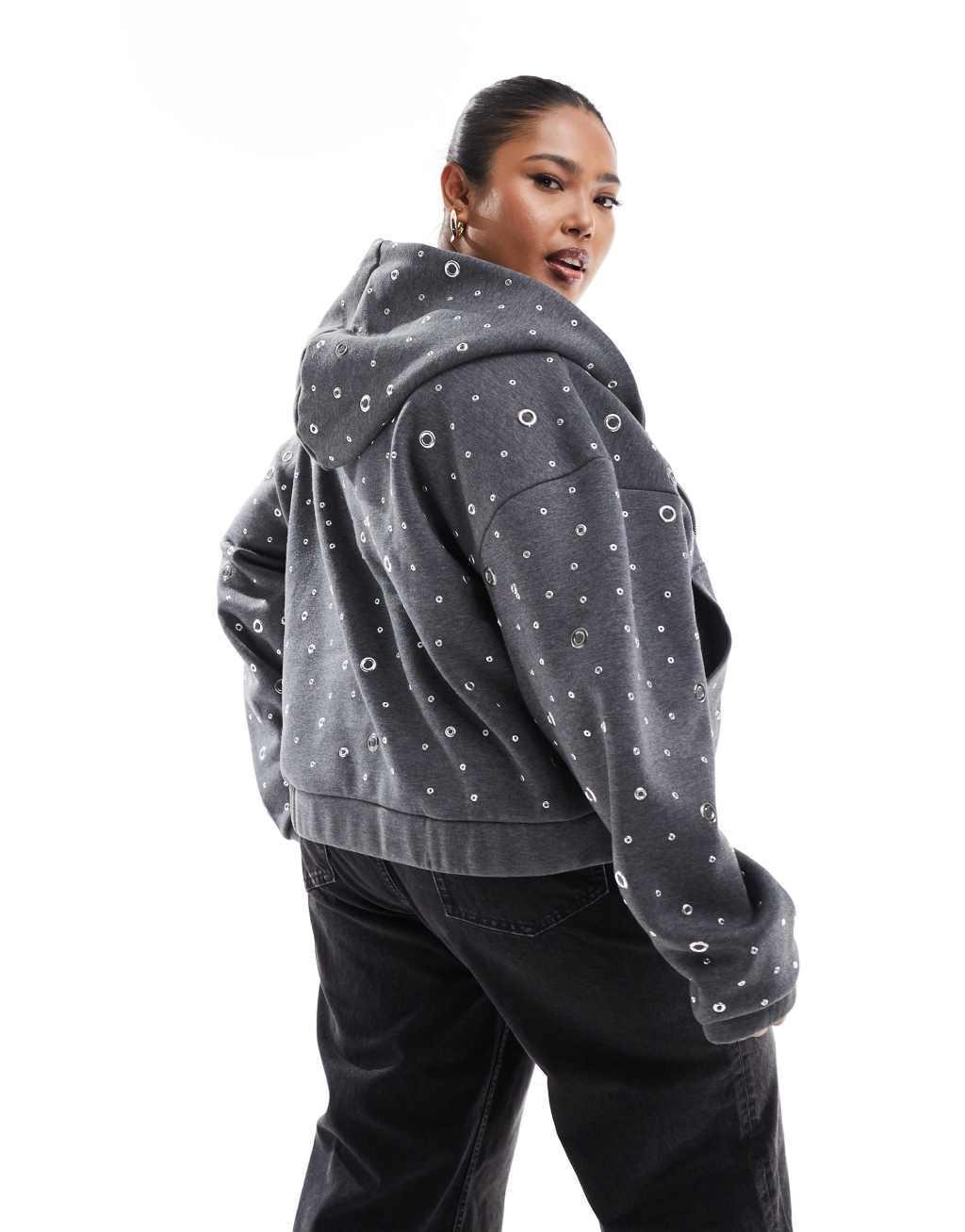 ASOS DESIGN Curve eyelet zip through hoodie in gray Product Image