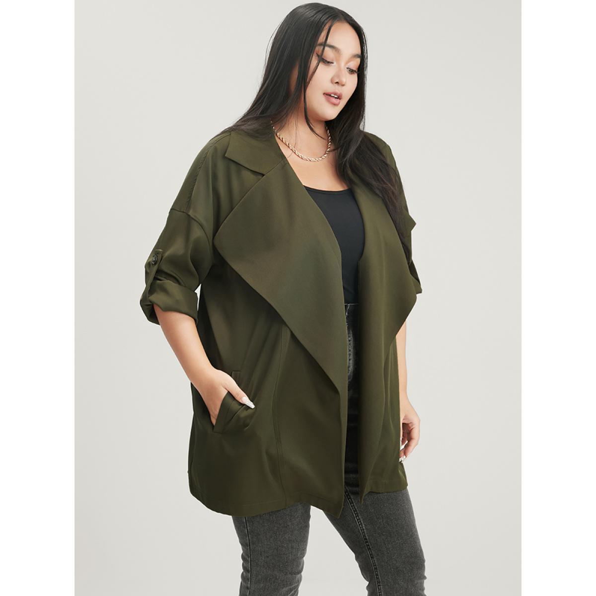 Plus Size Solid Pocket Roll Sleeve Waterfall Collar Coat Women ArmyGreen Casual Pocket Ladies Dailywear Winter Coats BloomChic 30/6X Product Image