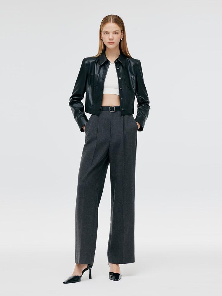Worsted Wool Women Wide Leg Pants With Leather Belt Product Image