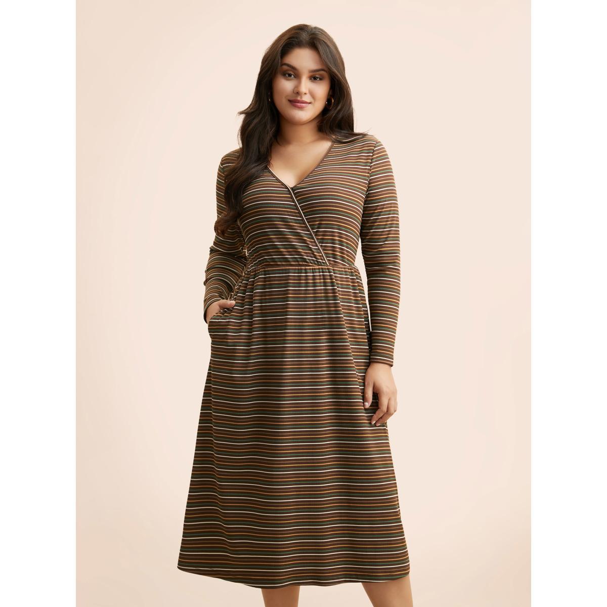 Plus Size Striped Overlap Collar Midi Dress Browncoffeecolor Women Elegant Texture Overlap Collar Long Sleeve Curvy BloomChic 18-20/2X Product Image