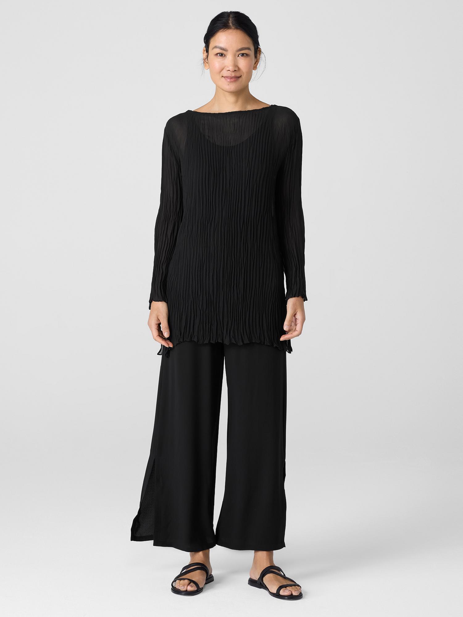 EILEEN FISHER Crinkled Sheer Silk Georgette Bateau Neck Long Topfemale Product Image