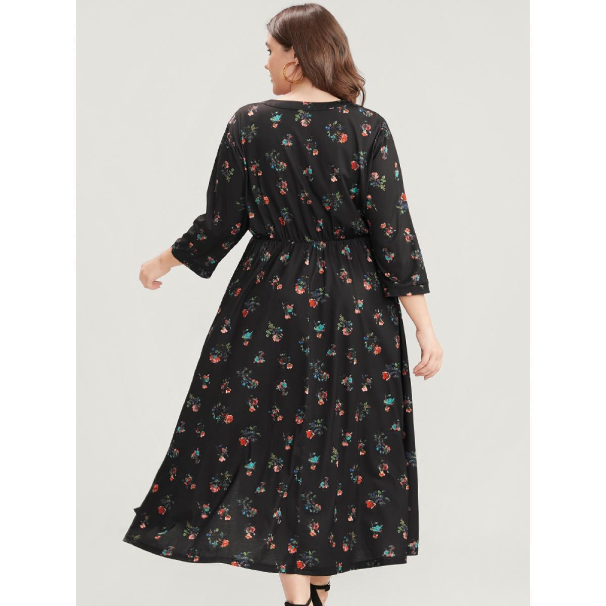Plus Size Ditsy Floral Button Up Pocket Split Hem Dress BlackFlower Women Elegant Slit V-neck Curvy Midi Dress BloomChic 12/L Product Image