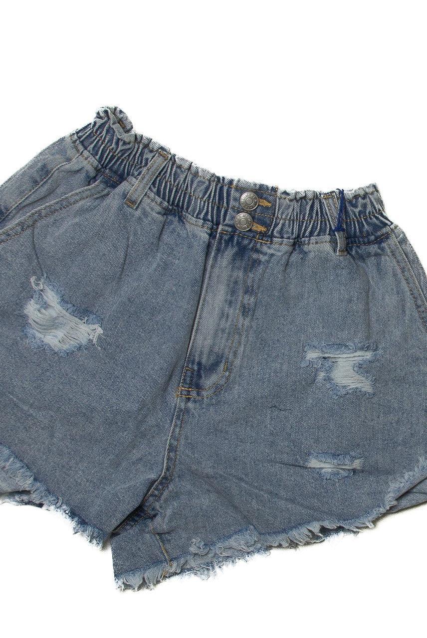 Elastic Waist Distressed Denim Shorts Product Image