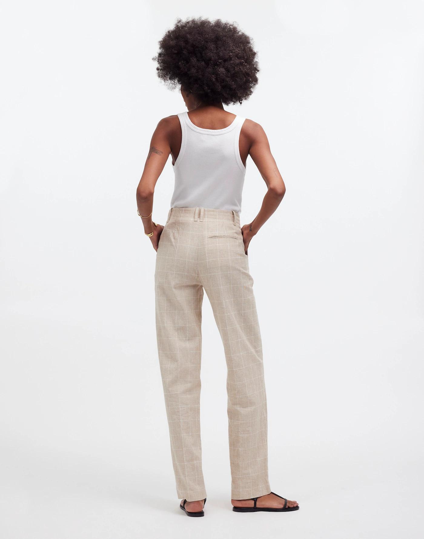 Mid-Rise Straight Pants in Plaid Linen Blend Product Image