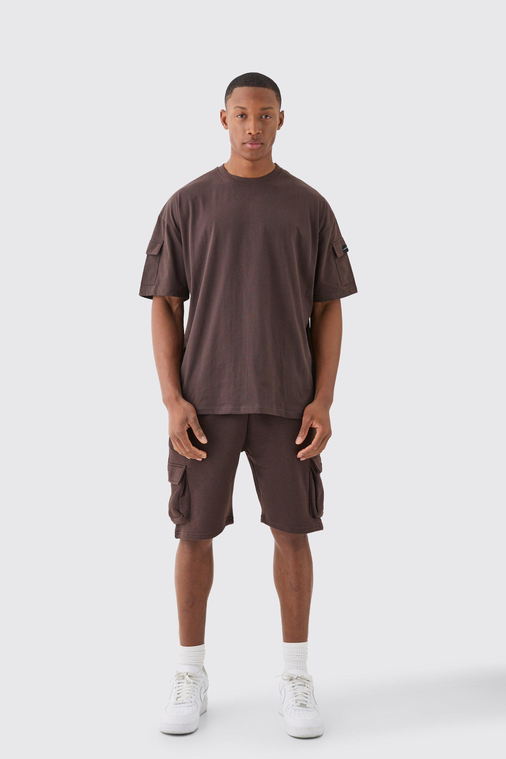 Mens Brown Man Oversized Cargo T-shirt And Slim Short Set, Brown Product Image