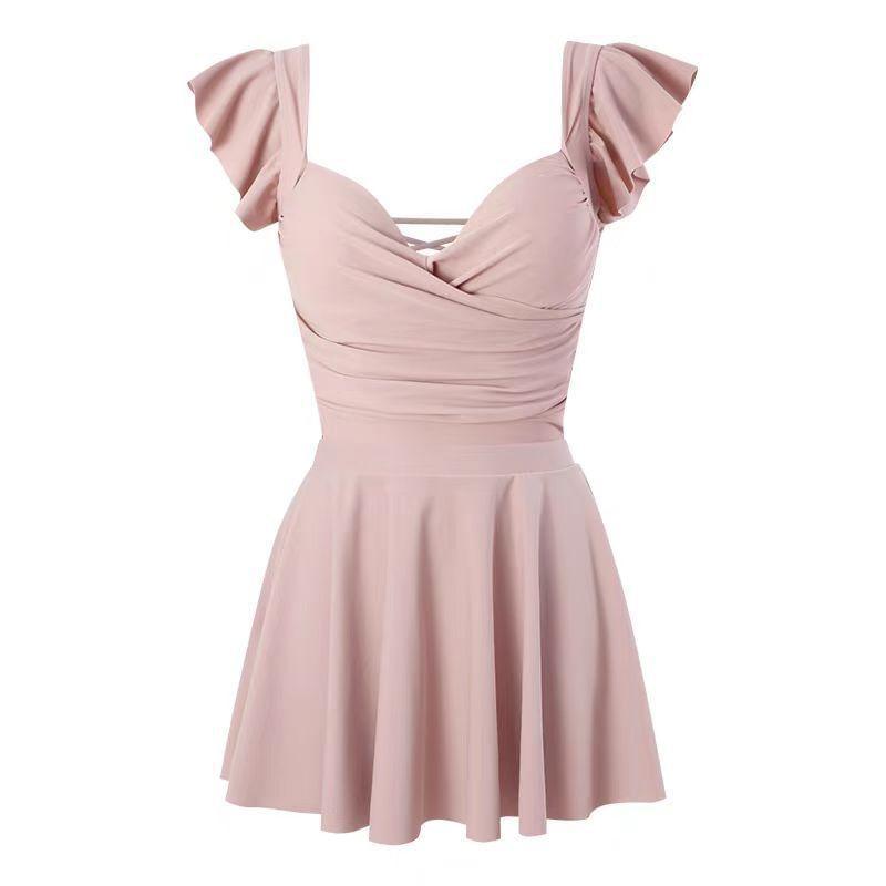 Cap-Sleeve Plain Ruched Swim Dress Product Image