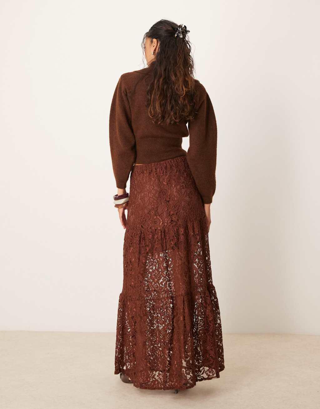 ASOS DESIGN tiered lace maxi skirt in brown Product Image