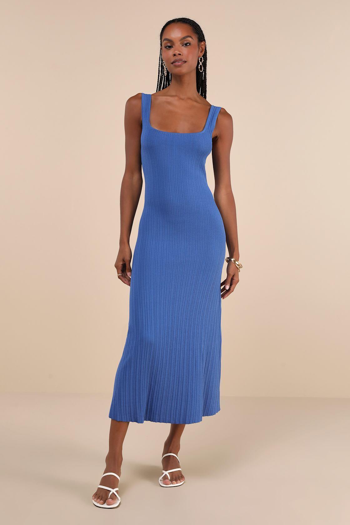 Majorly Stylish Blue Ribbed Knit Sleeveless A-Line Midi Dress Product Image