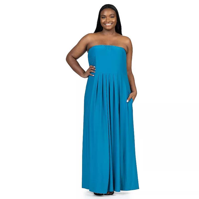 Plus Size 24Seven Comfort Apparel Pleated A Line Strapless Maxi Dress With Pockets, Womens Blue Product Image