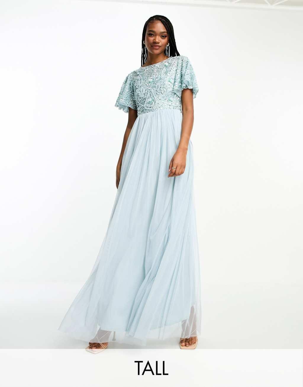 Beauut Tall Bridesmaid embellished maxi dress with open back detail in ice blue  Product Image